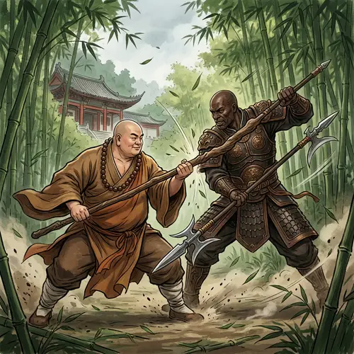 Monk Lu Zhishen vs. Dark Warrior Li Kui Battle in Bamboo Forest