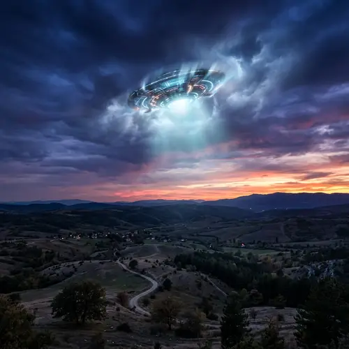 Mysterious UFO Descending at Sunset | Captivating Scene