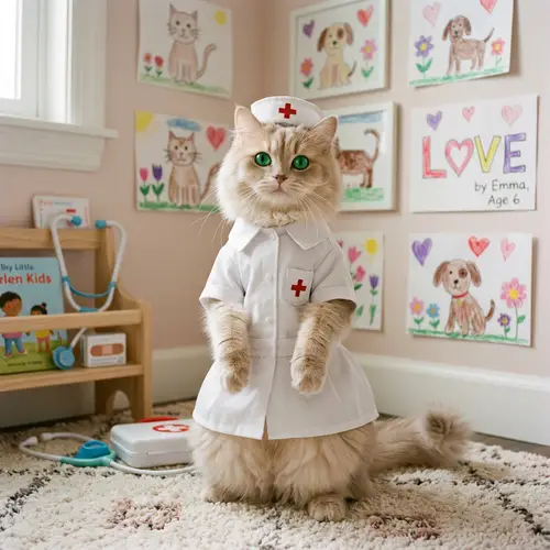 Adorable Cat Nurse in White Uniform - Cute Feline Pretend Play