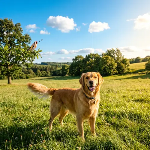 Friendly Dog in Open Field with Bright Eyes and Wagging Tail