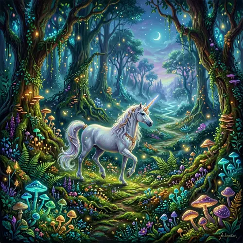 Majestic Unicorn in Mystical Forest - Fantasy Painting