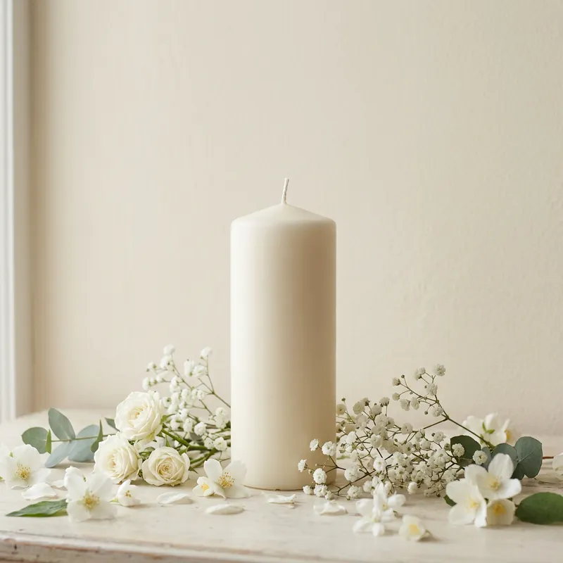 Minimalistic Cream Background with Delicate White Flowers and Pillar Candle