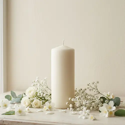 Cream Background with White Flowers and Pillar Candle