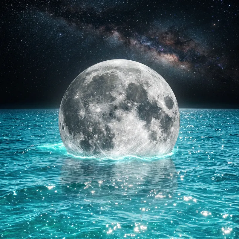 Silvery-Grey Moon Surrounded by Turquoise Water