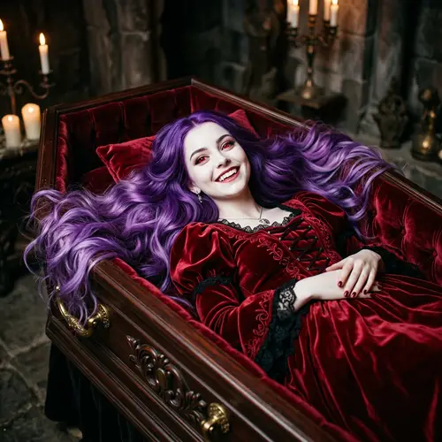 Cheerful Vampire Girl in Red Dress | Playful Supernatural Vibe