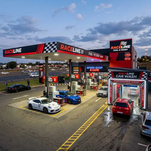 Motorsport-Themed Gas Station & Car Wash Services