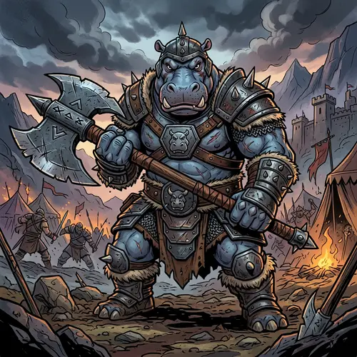 Powerful Cartoon Humanoid Hippo Warrior Art