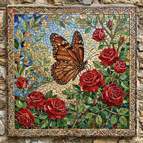 Mosaic Brown Butterfly with Red Roses Art