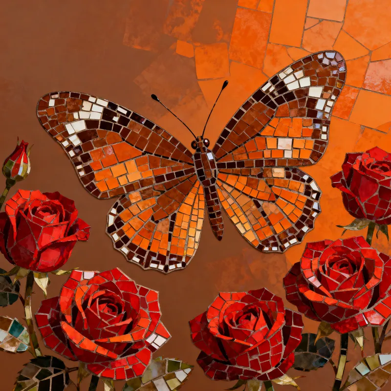Mosaic Brown Butterfly with Red Roses Art
