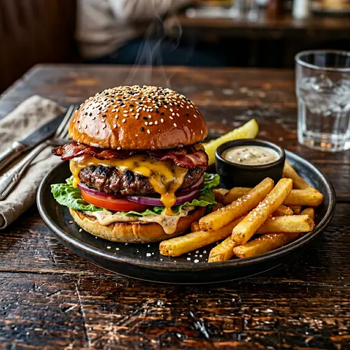 Gourmet Beef Burger on Rustic Table - Artisanal Photo