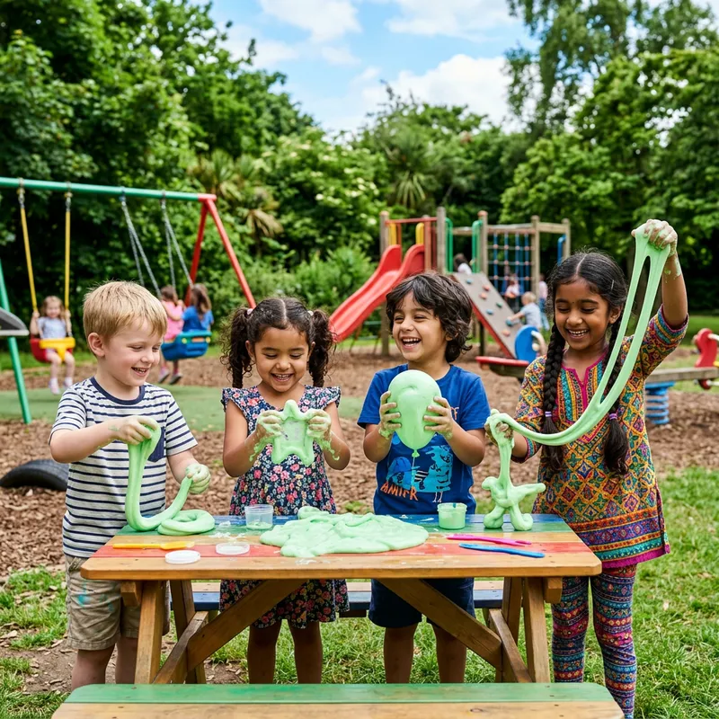 Playful Kids Mold Joy with Slime in Diverse Playground