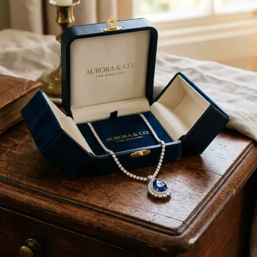 Elegant Luxury Necklace Displayed on Wooden Furniture