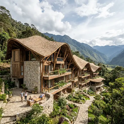 Sustainable Modern Hotel with Stone, Wood & Bamboo Roof
