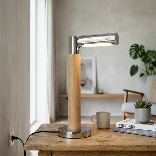 Minimalist Design Lamp with Wood and Chrome Cylinders