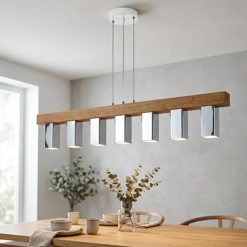 Minimalist Hanging Lamp Design with Wood and Chrome Cylinders