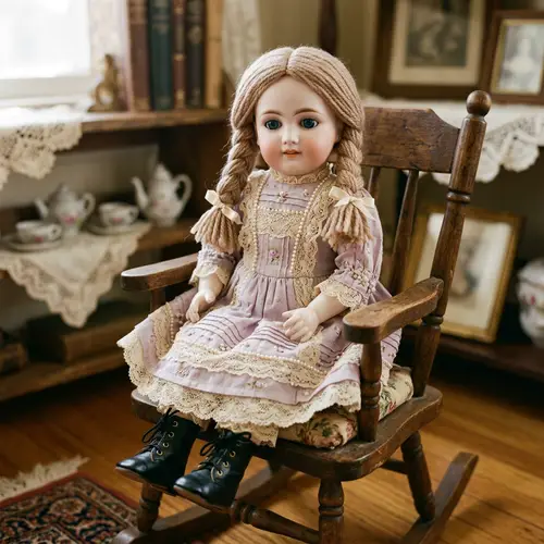Charming Antique Doll with Sparkling Blue Eyes and Braided Pigtails