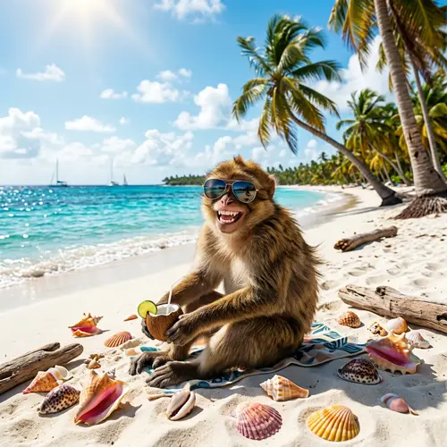 Trendy Monkey at Beach: Relaxing Scene with Sunglasses