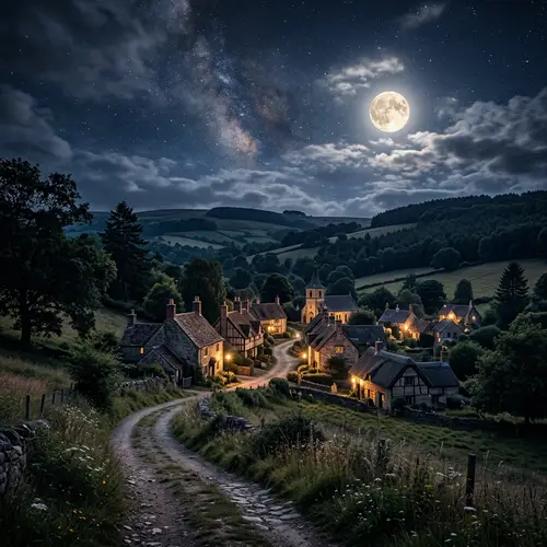 Serene Nighttime Village Under Full Moon