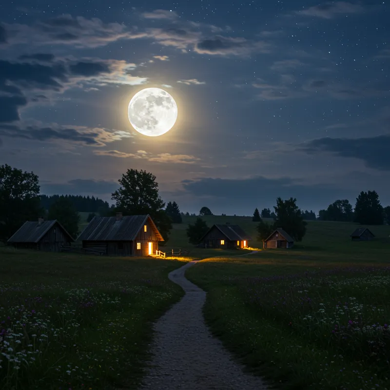Serene Nighttime Village Under Full Moon