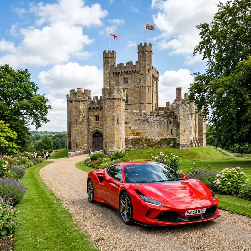 Ferrari Car Outside Medieval Castle - Timeless Contrast