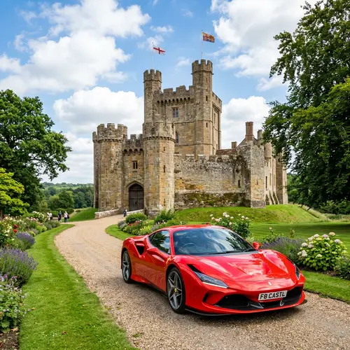 Red Ferrari Car Outside Majestic Castle