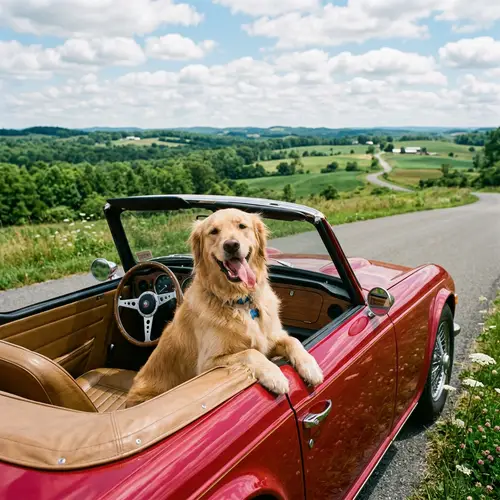 Playful Golden Retriever Resting in Vintage Red Convertible