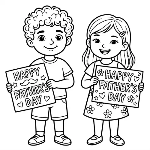 Father's Day Coloring Page with Boy and Girl