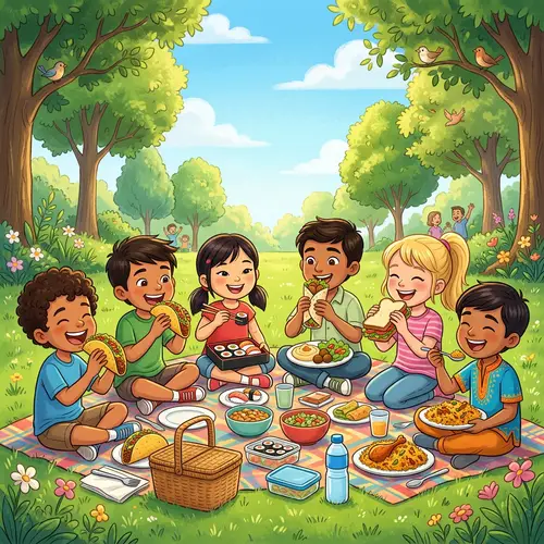Multicultural Children Enjoying Picnic in Park | Diverse Food Scene