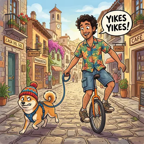 Cartoon Man on Unicycle in Quaint Village with Shiba Inu Dog