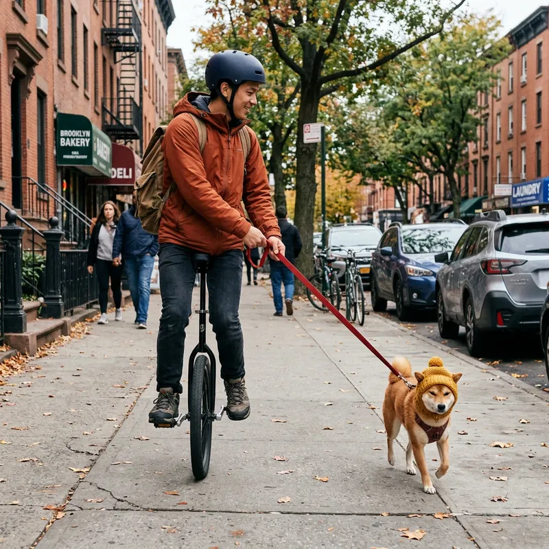 Yikes Man Riding Unicycle in Brooklyn with Discontent Shiba Inu