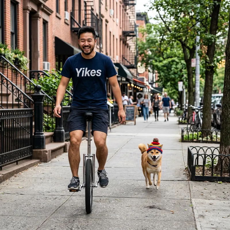 Chinese man on unicycle with Shiba Inu in Brooklyn