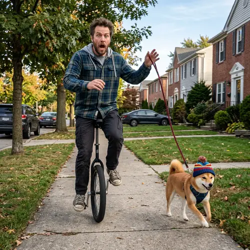 Irate Man on Unicycle with Cute Shiba Inu Dog | Yikes!