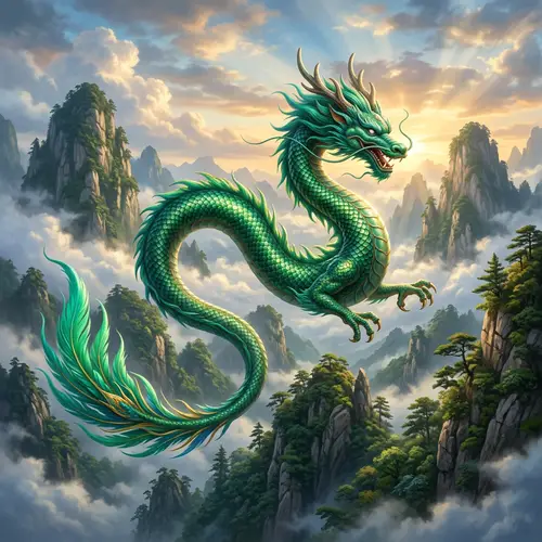 Emerald Chinese Dragon Soaring Around Majestic Mountains