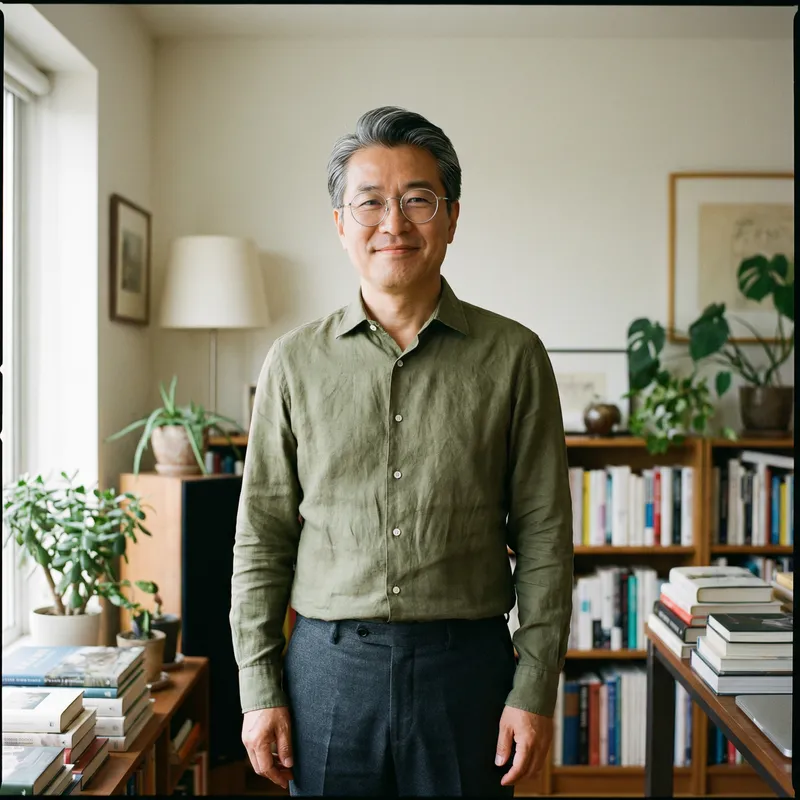 Middle-Aged East Asian Man with Stylish Glasses