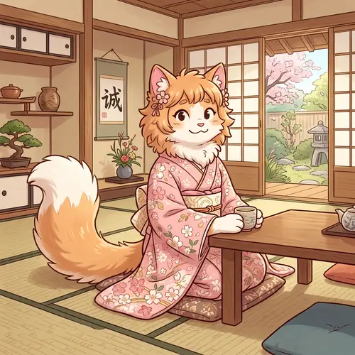 Senko-san: Fluffy Cartoon Character in Cherry Blossom Kimono
