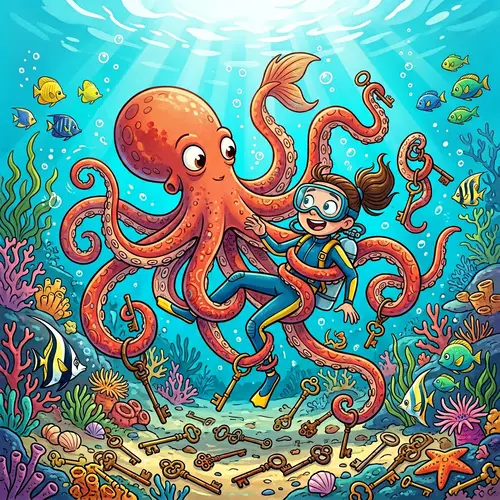 Giant Octopus with Tails Captures Person in Colorful Ocean