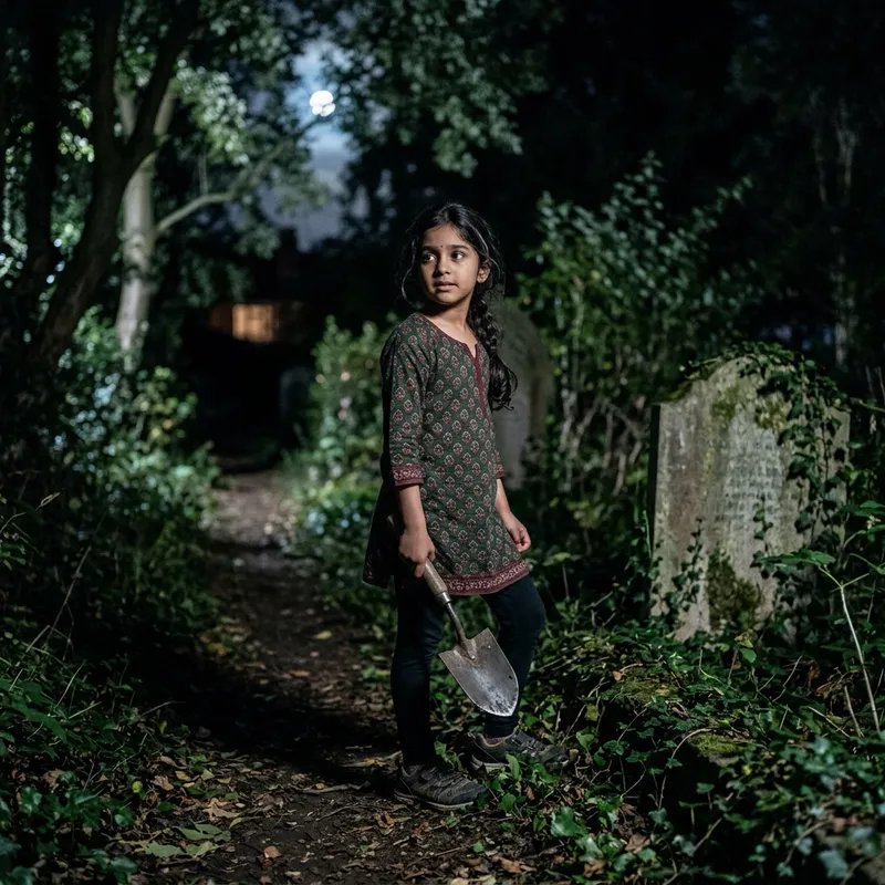 Enchanting Garden Scene: Young Girl with Spade in Eerie Night