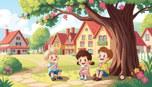 Playful Children Enjoying Ice Cream in a Village