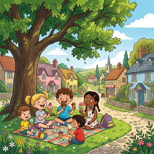 Playful Children Enjoying Ice Cream in a Village