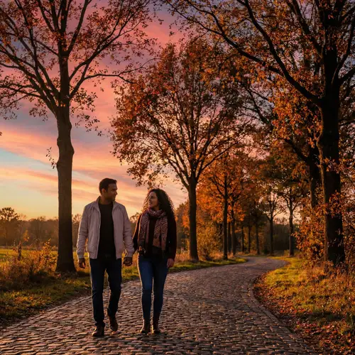 Tranquil Sunset Stroll of South Asian Man and Hispanic Woman