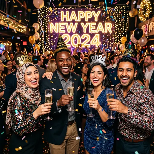 Diverse New Year Celebration with Middle-Eastern, Black, South Asian, Hispanic Individuals