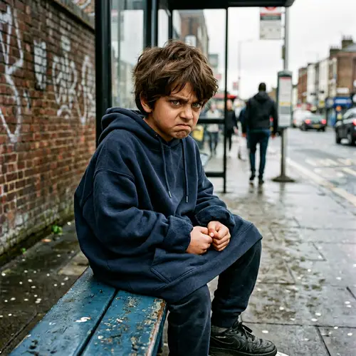 South Asian Boy in Oversized Hoodie with Intense Emotions