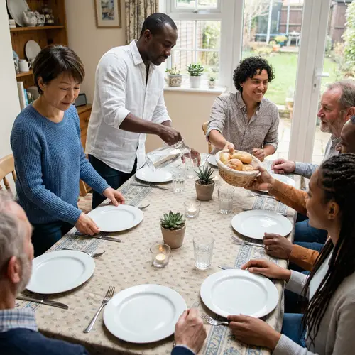 Diverse Casual Meal Gathering with Stylish Table Setting