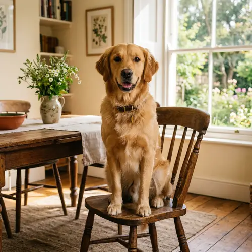 Friendly Golden Retriever Sitting on Wooden Chair