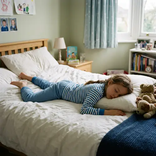 British Girl in Striped Pajamas Relaxing on Bed