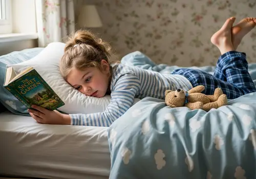 British Girl in Striped Pajamas Relaxing on Bed