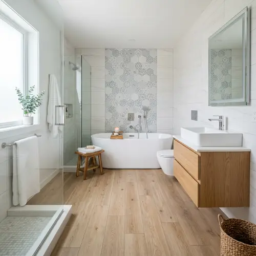 Modern Bathroom Design with Porcelain Wood Flooring