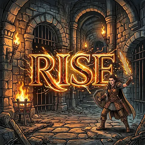Rise - Bold Avatar in Stone-Walled Dungeon with Fire Glow