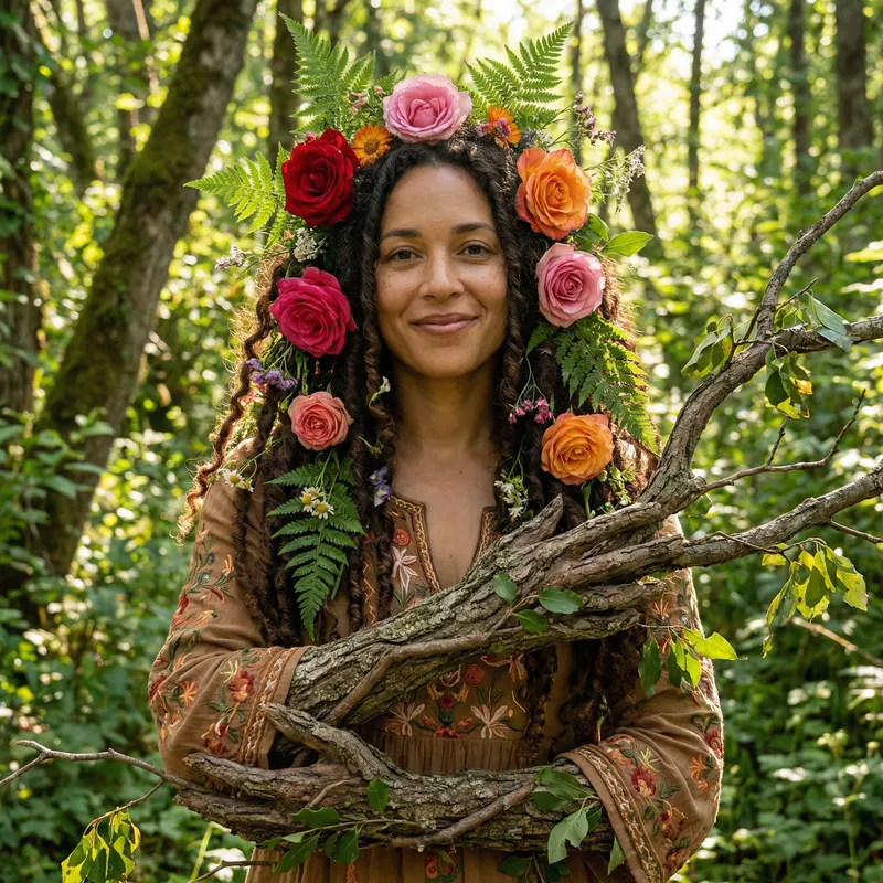 Portrait of a Black Woman with Curly Hair & Flowers