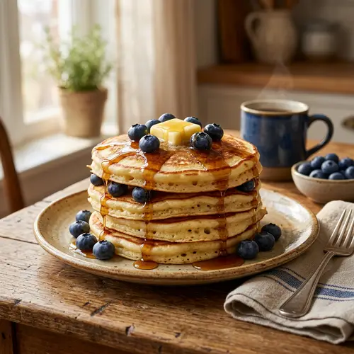 Delicious Golden Pancakes with Fresh Blueberries